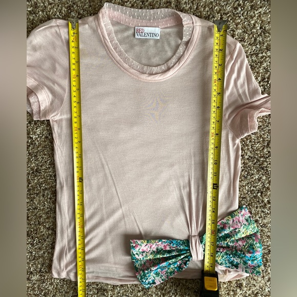 Red Valentino 100% modal pink short sleeve top wz floral bow & lace piping. XS. - Picture 8 of 10